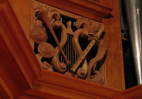 Carved wood instruments, harp. Grace Lutheran Church, Tacoma, WA